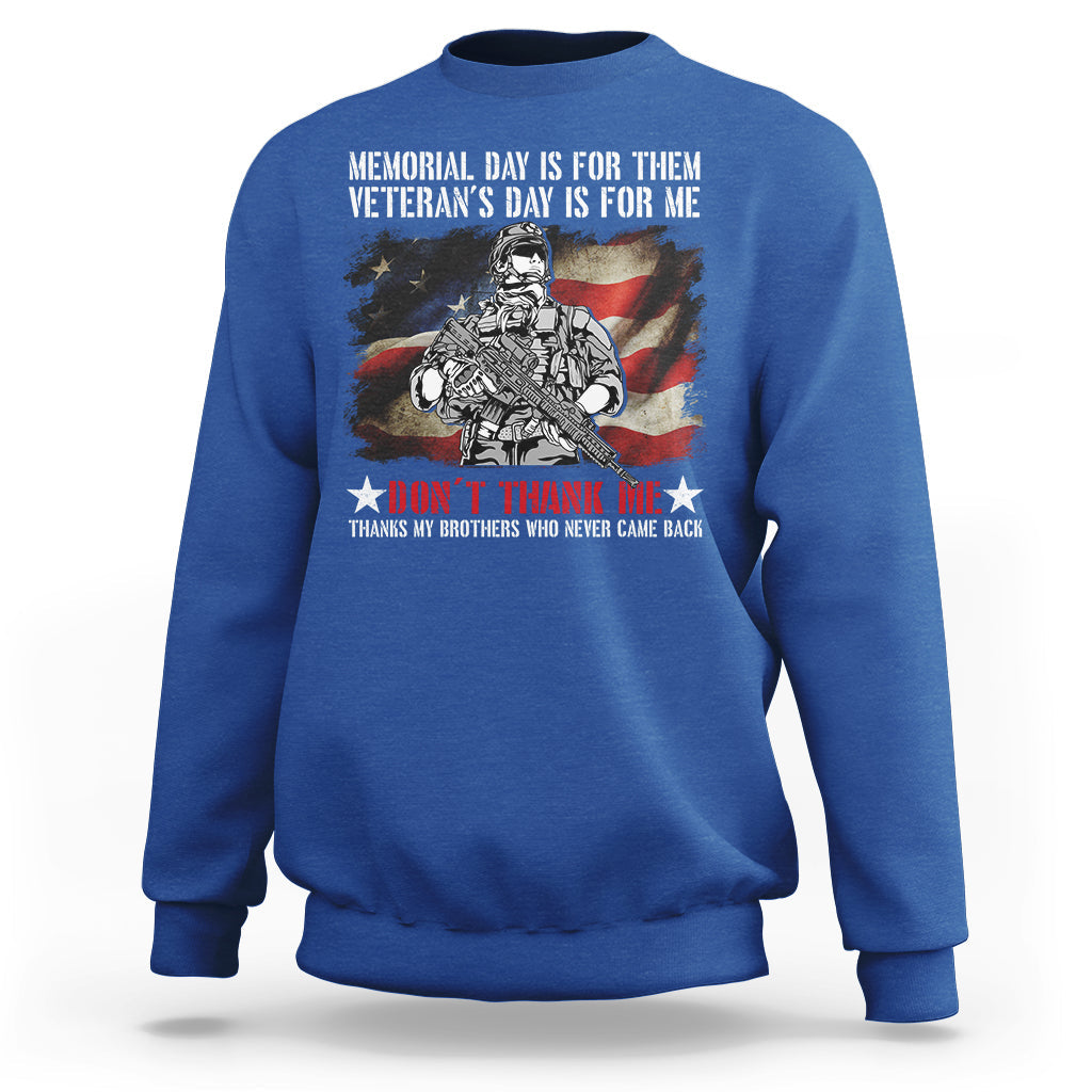 Royal blue crewneck sweatshirt with patriotic soldier graphic and “Don’t Thank Me” text