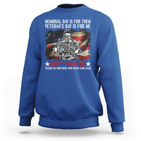 Royal blue crewneck sweatshirt with patriotic soldier graphic and “Don’t Thank Me” text