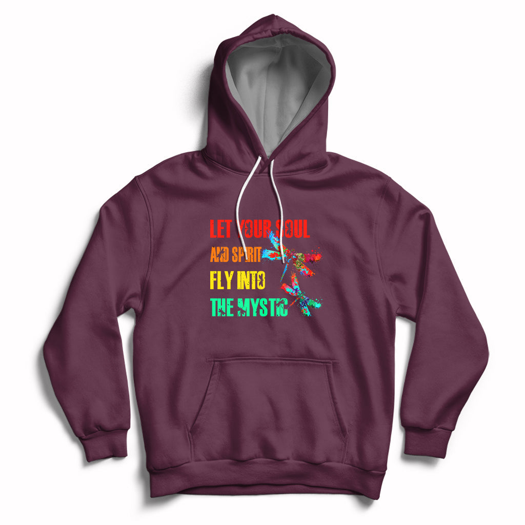 Mystic dragonflies hoodie in maroon with colorful text graphic and front pouch