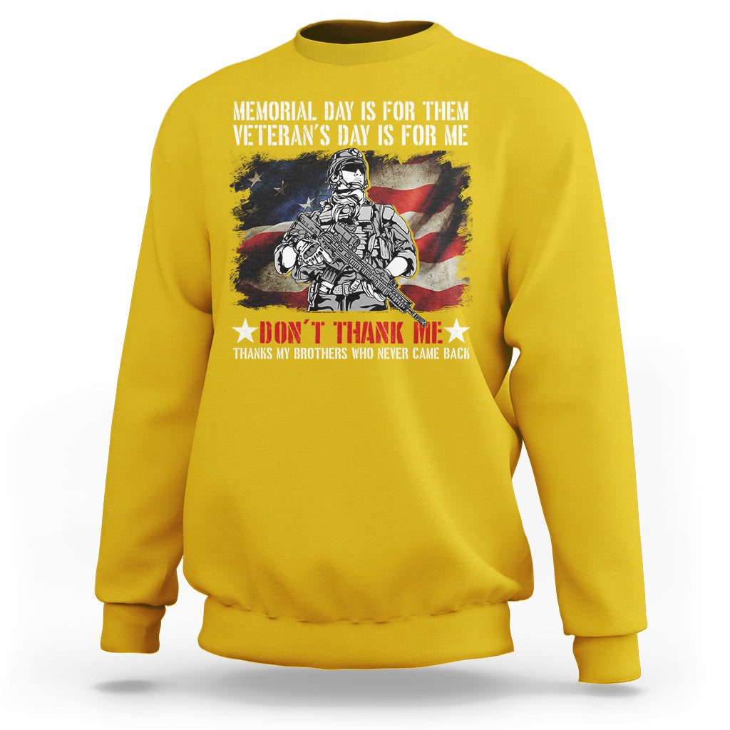Daisy yellow crewneck sweatshirt with patriotic soldier graphic and “Don’t Thank Me” text