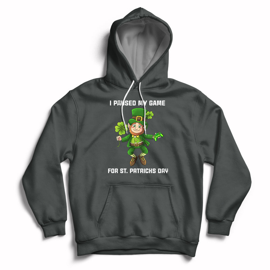 Dark gray game-themed St. Patrick's Day hoodie with hood, drawstrings, and front pouch pocket