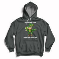 Dark gray game-themed St. Patrick's Day hoodie with hood, drawstrings, and front pouch pocket