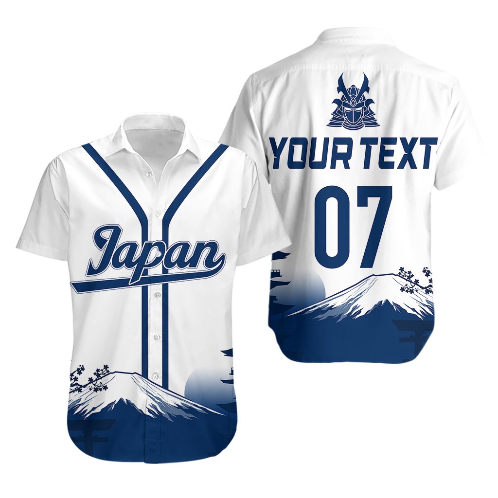 Hawaiian shirt with front and back prints: Japan script, blue Fuji mountain, '07'