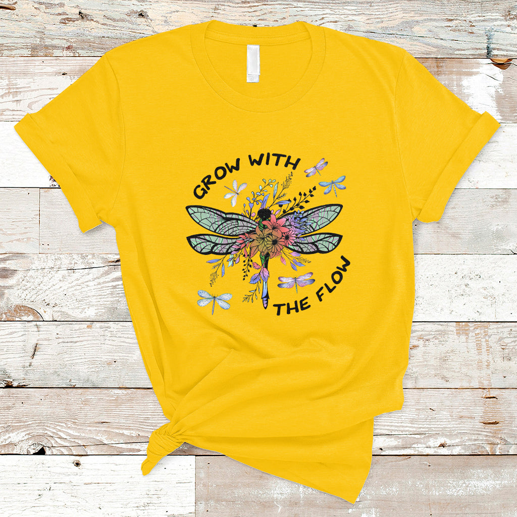 Grow With The Flow Mystical Floral Dragonfly Transformation Embrace Change T-Shirt - Wonder Print Shop