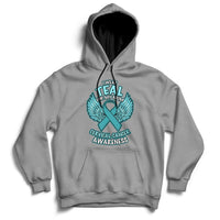 Gray cervical cancer awareness hoodie with teal “I wear Teal for My Mom” graphic