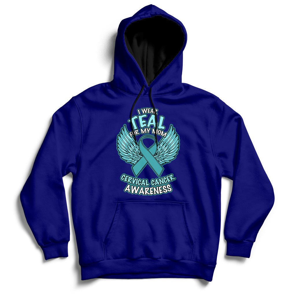 Navy cervical cancer awareness hoodie with teal “I wear Teal for My Mom” graphic
