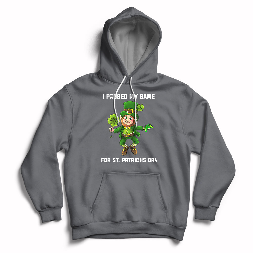 Charcoal gray game-themed St. Patrick's Day hoodie with hood, drawstrings, and front pouch pocket