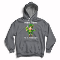 Charcoal gray game-themed St. Patrick's Day hoodie with hood, drawstrings, and front pouch pocket