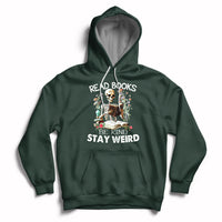 Forest green hoodie with skull-skeleton graphic and "Read Books Be Kind Stay Weird" text.