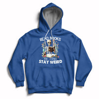 Royal blue hoodie with skull-skeleton graphic and "Read Books Be Kind Stay Weird" text.