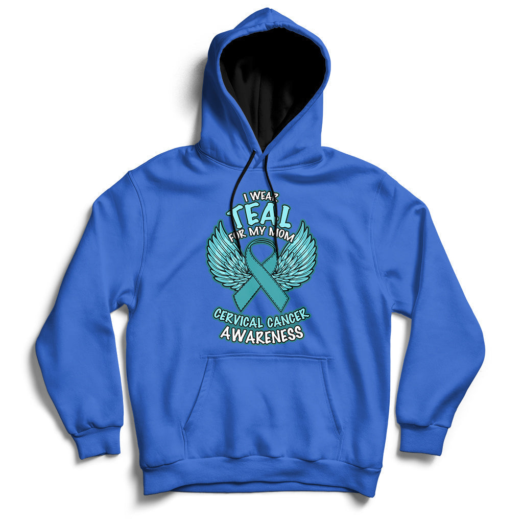 Royal blue cervical cancer awareness hoodie with teal “I wear Teal for My Mom” graphic
