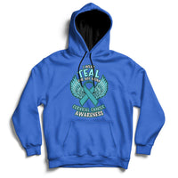 Royal blue cervical cancer awareness hoodie with teal “I wear Teal for My Mom” graphic