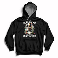 Black hoodie with skull-skeleton graphic and "Read Books Be Kind Stay Weird" text.