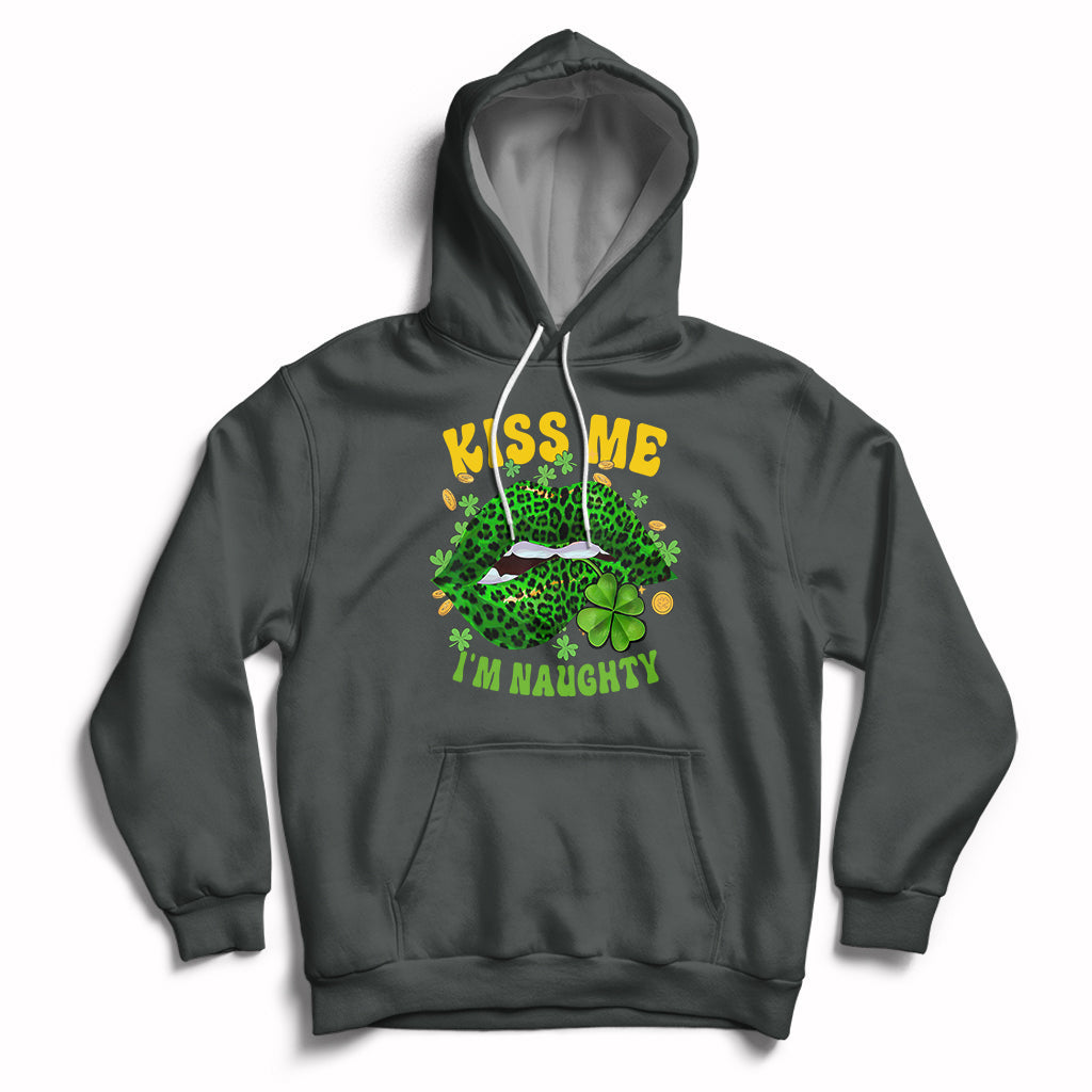 Dark gray hoodie with shamrock leopard-lips graphic, “KISS ME” and “I’M NAUGHTY” on front