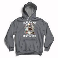 Charcoal gray hoodie with skull-skeleton graphic and "Read Books Be Kind Stay Weird" text.