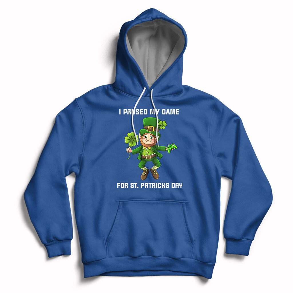 Royal blue game-themed St. Patrick's Day hoodie with hood, drawstrings, and front pouch pocket