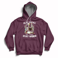 Maroon hoodie with skull-skeleton graphic and "Read Books Be Kind Stay Weird" text.