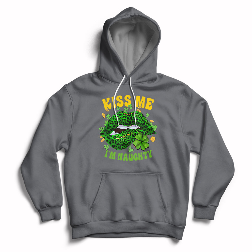 Charcoal hoodie with shamrock leopard-lips graphic, “KISS ME” and “I’M NAUGHTY” front print
