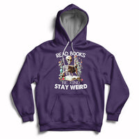 Purple hoodie with skull-skeleton graphic and "Read Books Be Kind Stay Weird" text.