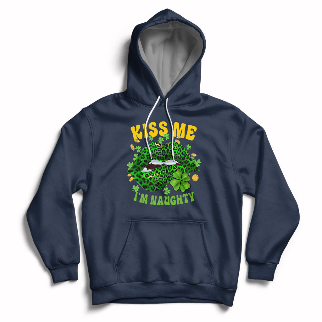 Navy hoodie with shamrock leopard-lips graphic, “KISS ME” and “I’M NAUGHTY” front print