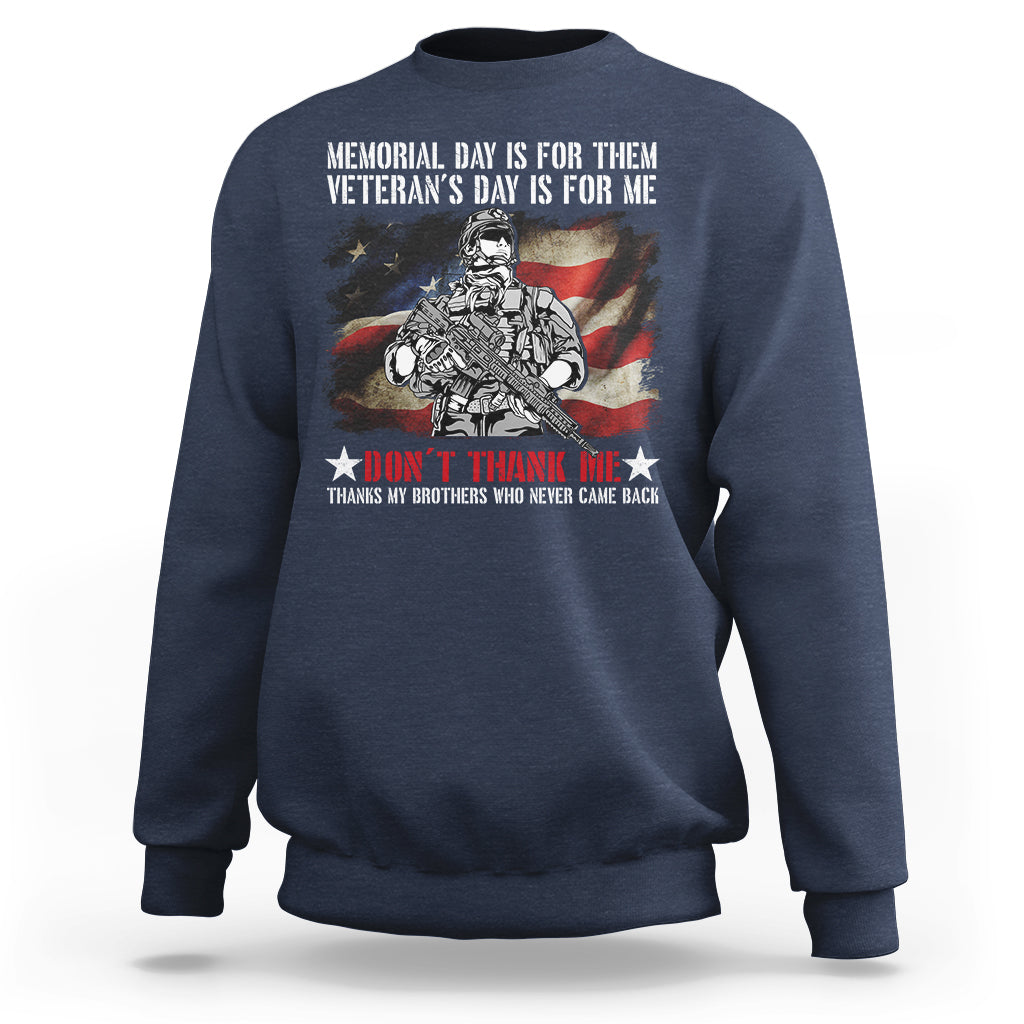 Navy crewneck sweatshirt with patriotic soldier graphic and “Don’t Thank Me” text