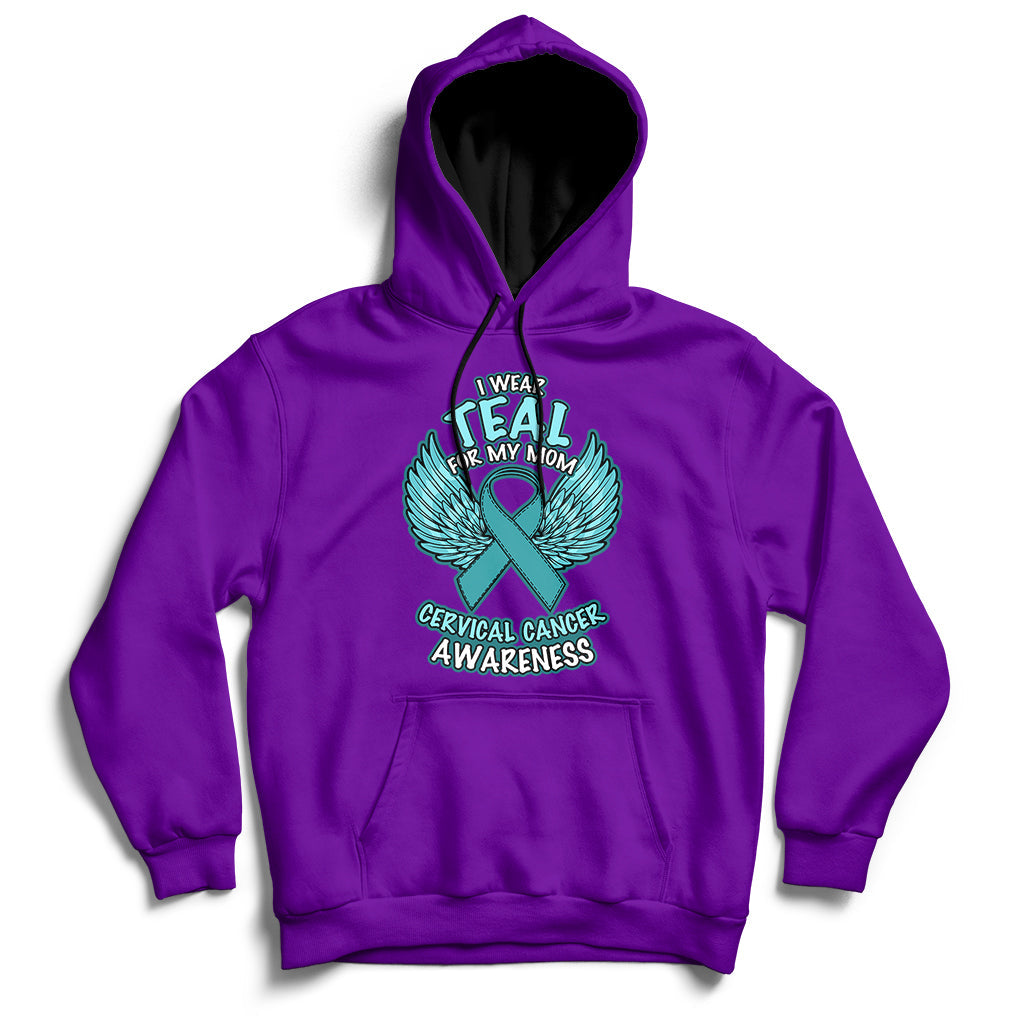 Purple cervical cancer awareness hoodie with teal “I wear Teal for My Mom” graphic