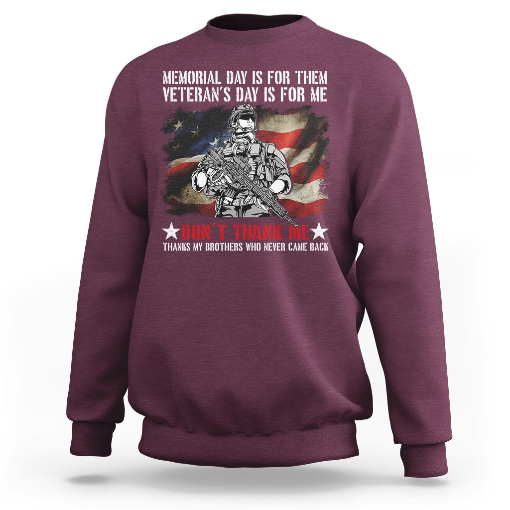 Maroon crewneck sweatshirt with patriotic soldier graphic and “Don’t Thank Me” text
