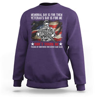 Purple crewneck sweatshirt with patriotic soldier graphic and “Don’t Thank Me” text