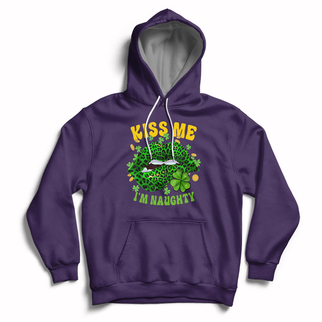 Purple hoodie with shamrock leopard-lips graphic, “KISS ME” and “I’M NAUGHTY” front