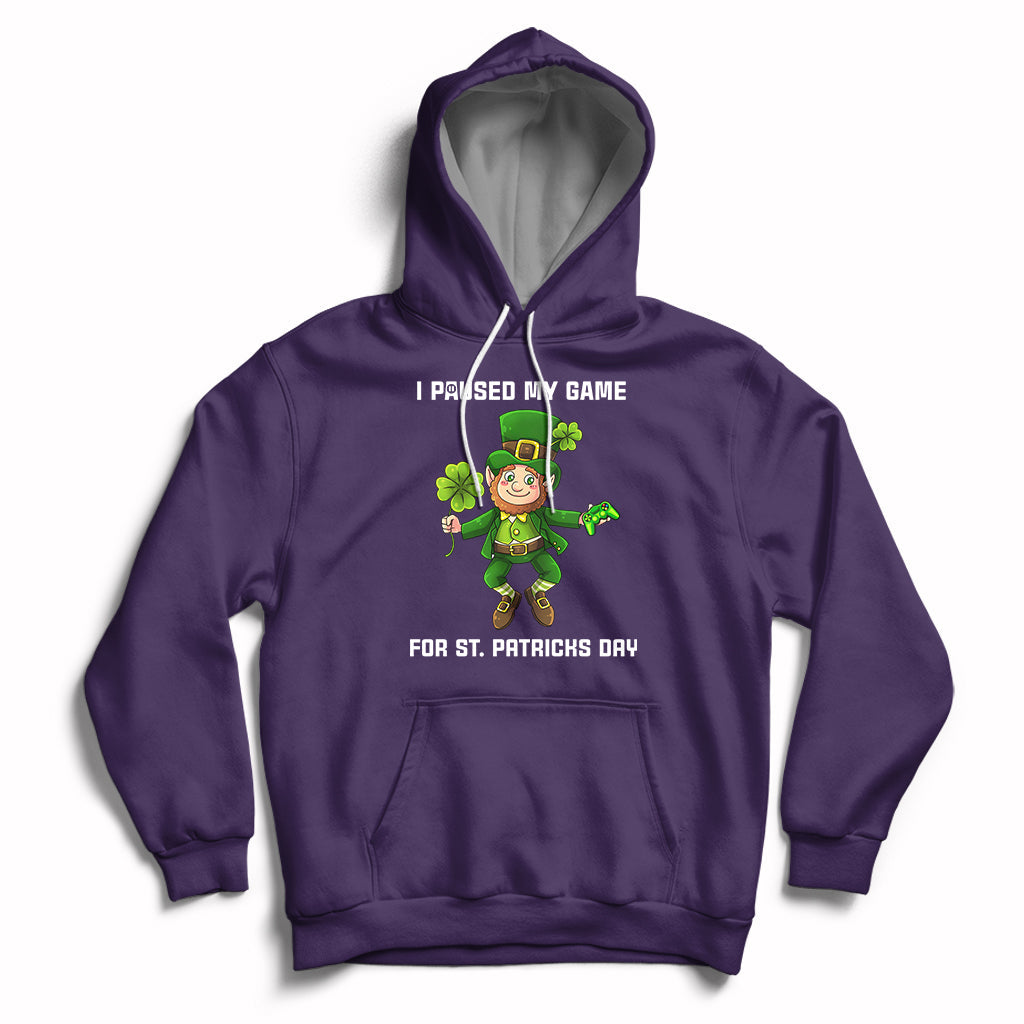Purple game-themed St. Patrick's Day hoodie with hood, drawstrings, and front pouch pocket
