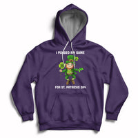 Purple game-themed St. Patrick's Day hoodie with hood, drawstrings, and front pouch pocket