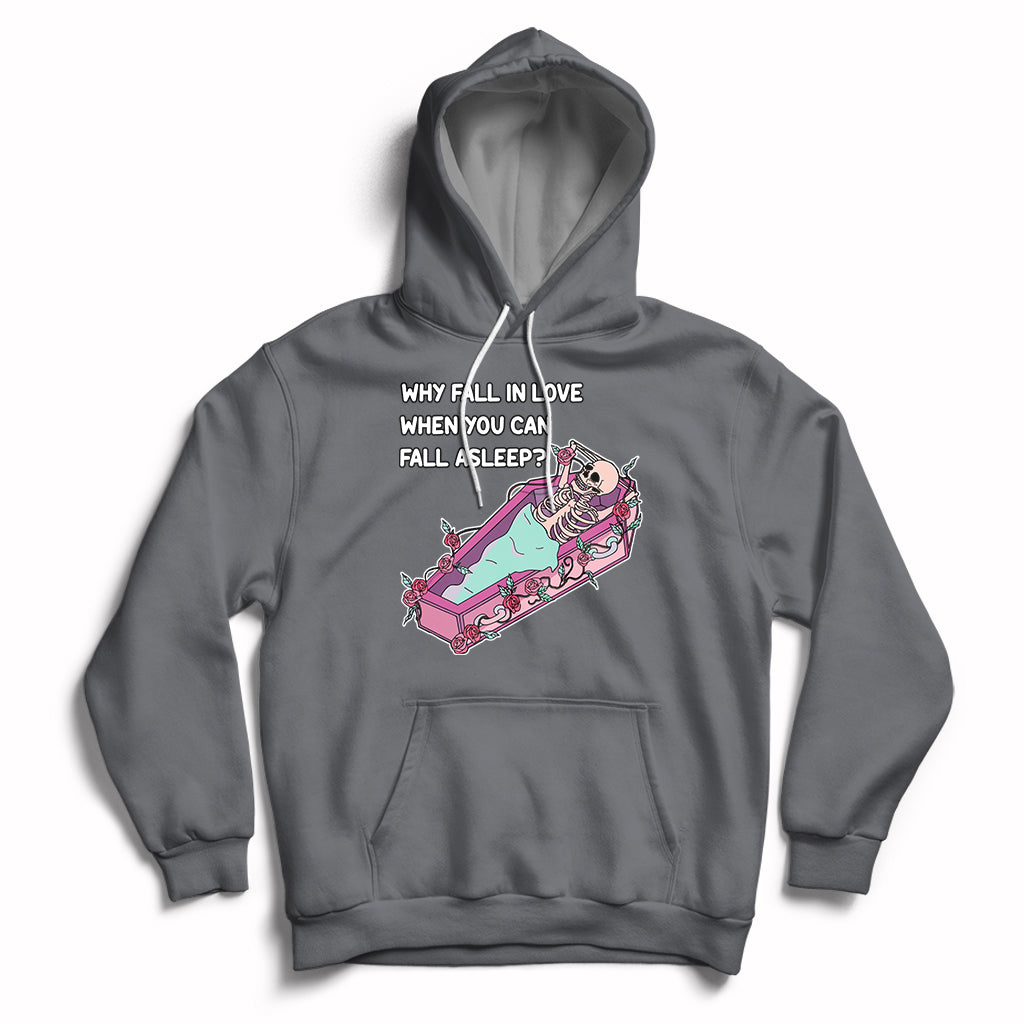 Dark gray skeleton cartoon graphic hoodie with front pocket and pullover hood.