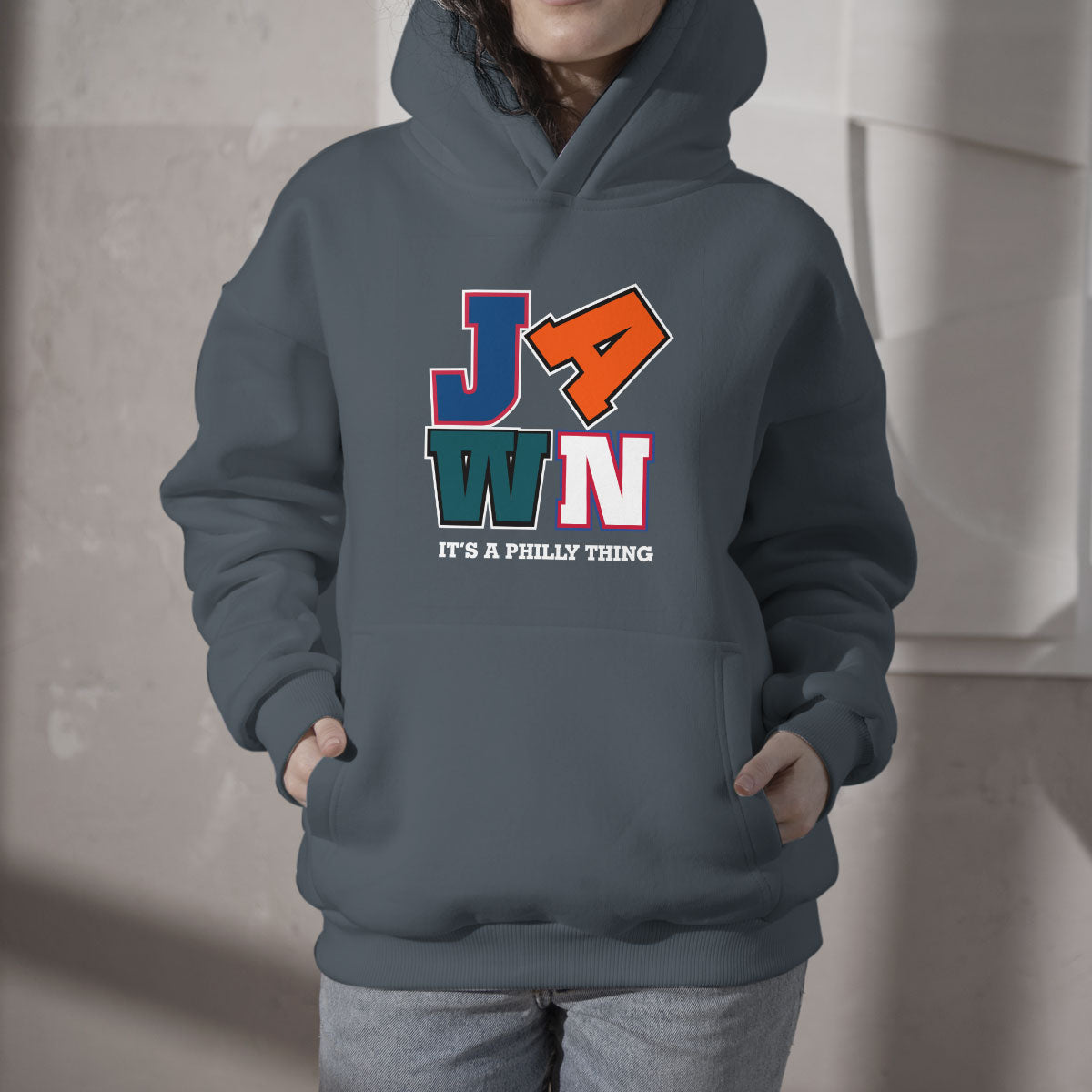 Gray Philadelphia fan hoodie with front JA WN graphic and “IT’S A PHILLY THING” text
