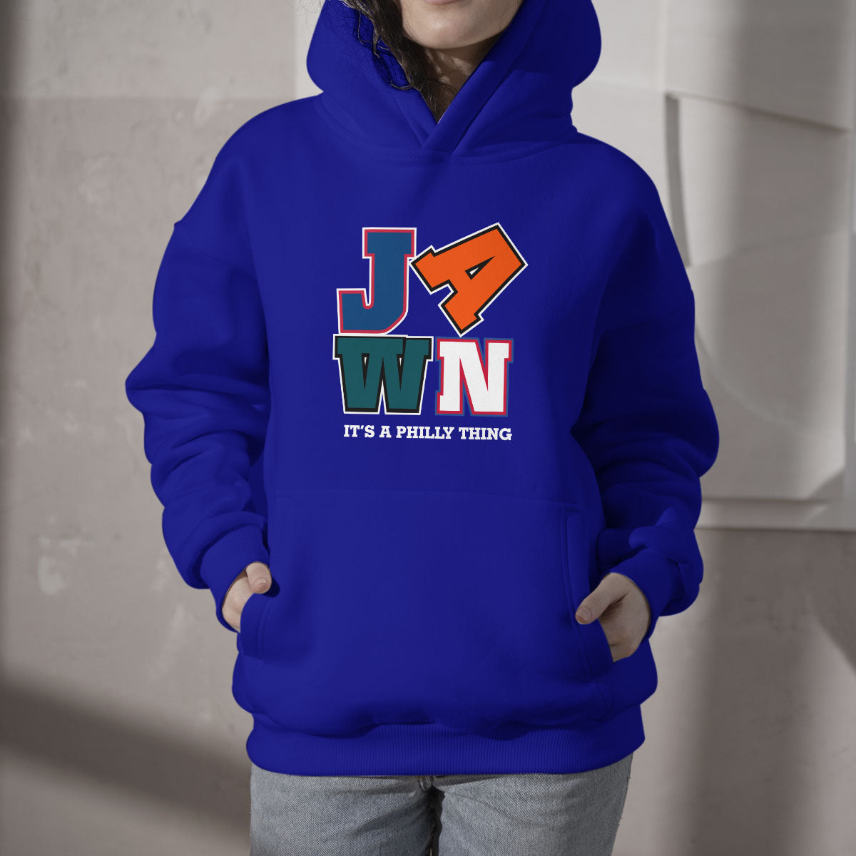 Blue Philadelphia fan hoodie with front JA WN graphic and “IT’S A PHILLY THING” text