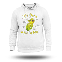 White hoodie with corn illustration and 'It Has The Juice' text on front