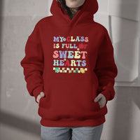 Red teacher hoodie with colorful 'Sweet Hearts' chest graphic, pullover hood & pocket