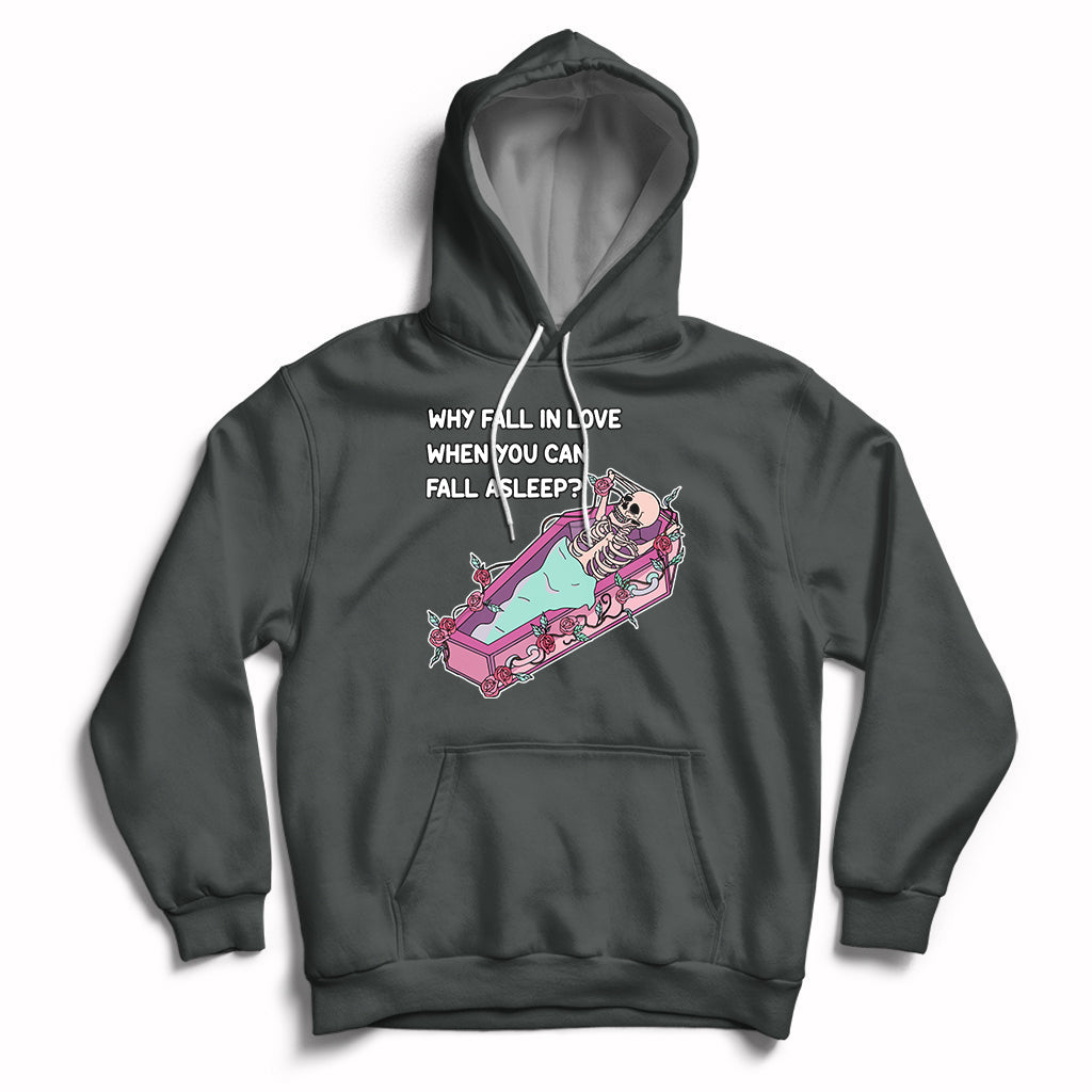 Charcoal skeleton cartoon graphic hoodie with front pocket and pullover hood.