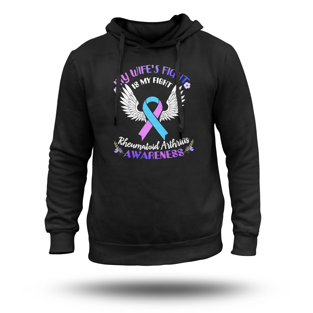 Black pullover hoodie, front view, hood and large purple ribbon with wings graphic