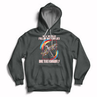 Dark gray inspirational hoodie with dragonfly graphic, hood, and front pouch pocket.