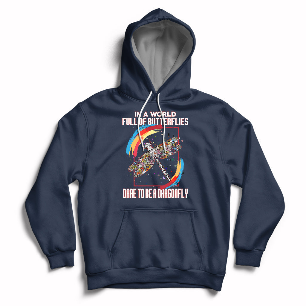 Navy inspirational hoodie with dragonfly graphic, hood, and front pouch pocket.