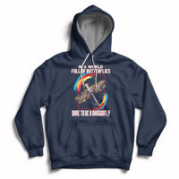 Navy inspirational hoodie with dragonfly graphic, hood, and front pouch pocket.