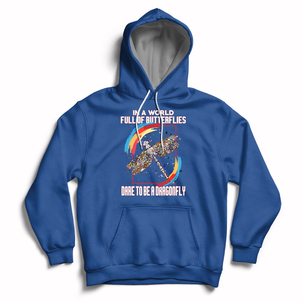 Royal blue inspirational hoodie with dragonfly graphic, hood, and front pouch pocket.