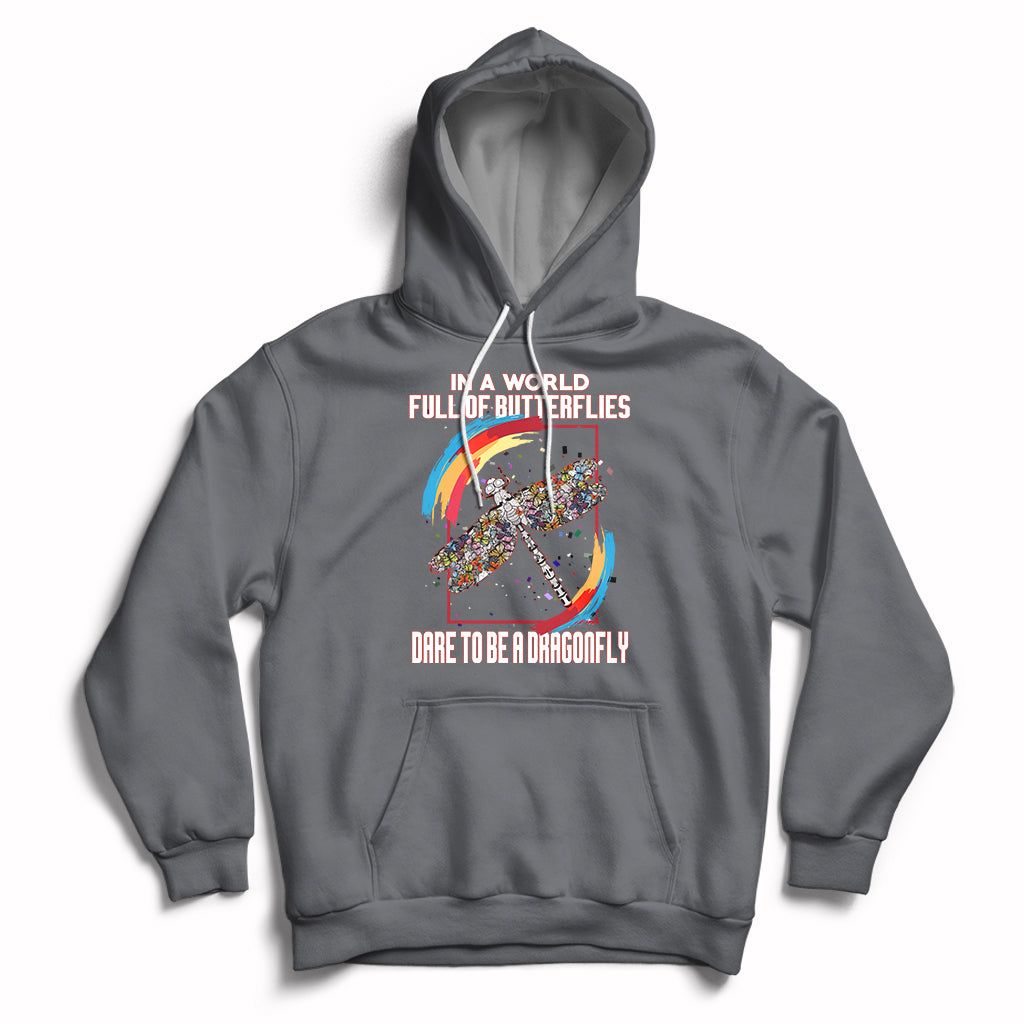 Charcoal inspirational hoodie with dragonfly graphic, hood, and front pouch pocket.