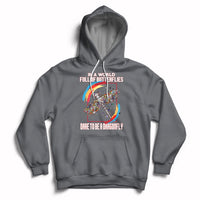 Charcoal inspirational hoodie with dragonfly graphic, hood, and front pouch pocket.