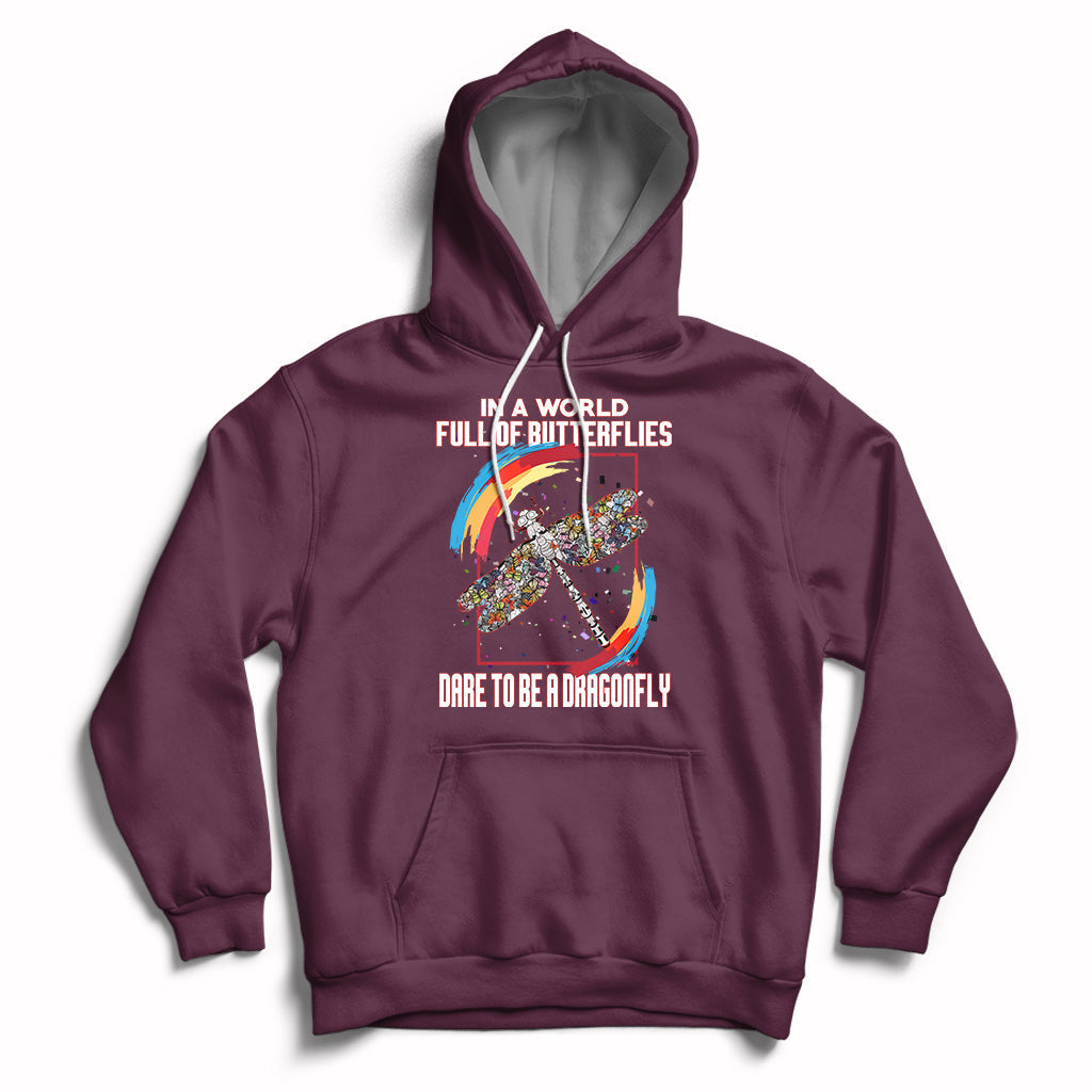 Maroon inspirational hoodie with dragonfly graphic, hood, and front pouch pocket.