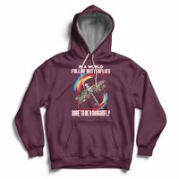 Maroon inspirational hoodie with dragonfly graphic, hood, and front pouch pocket.