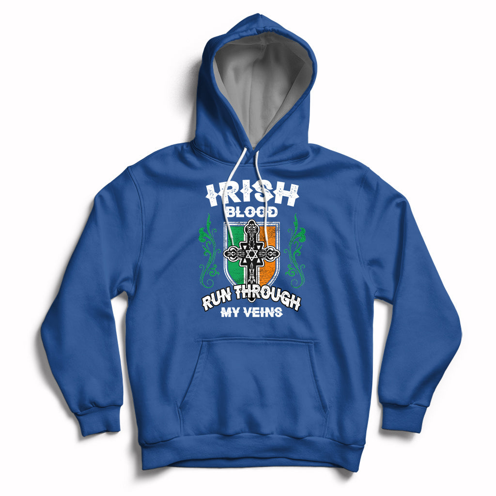 Royal blue pullover hoodie with front graphic and kangaroo pocket, drawstring hood