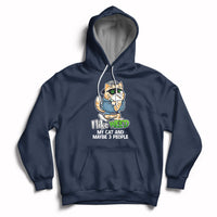 Navy cat graphic hoodie with drawstring hood and front kangaroo pocket