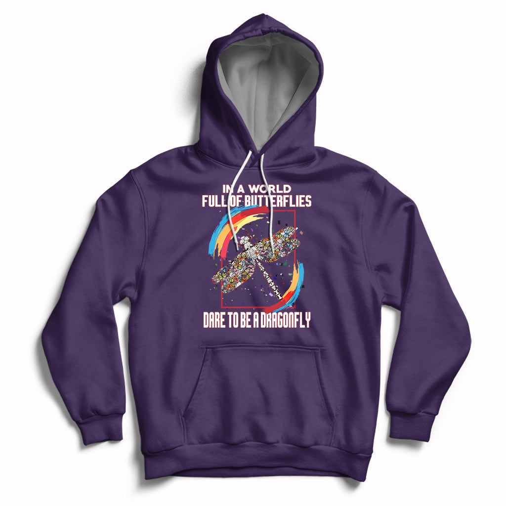 Purple inspirational hoodie with dragonfly graphic, hood, and front pouch pocket.