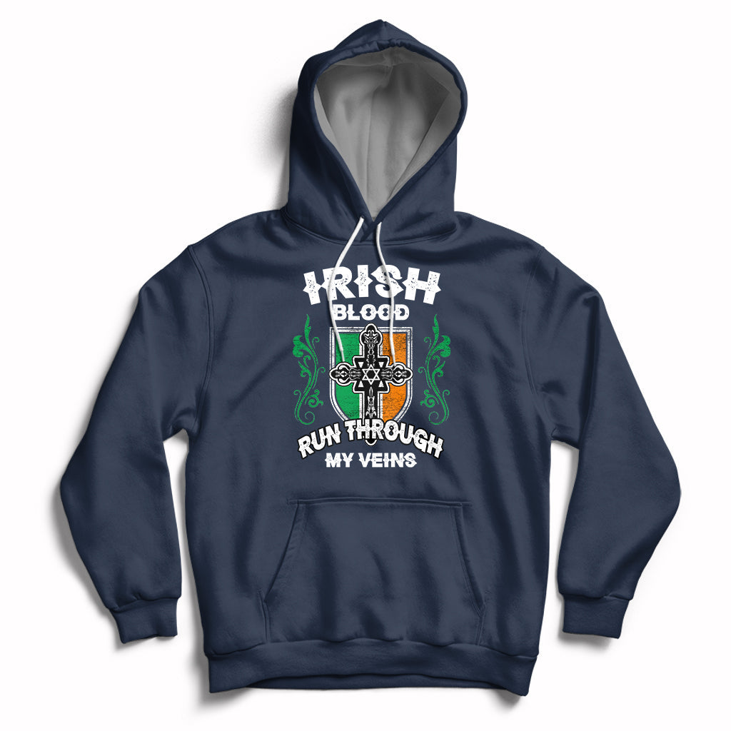 Navy pullover hoodie with front graphic and kangaroo pocket, drawstring hood
